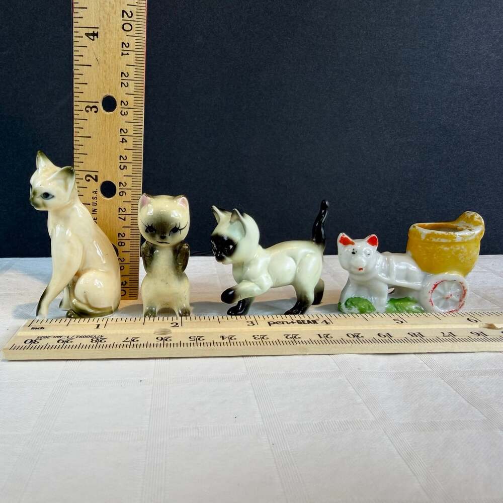Lot of 4 Porcelain Cat Figurines incl Cat Pulling Cart/Wheelbarrow Mini Figures